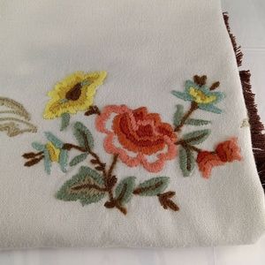 Vintage Large Handmade Hand Embroidered Fringed Floral Throw